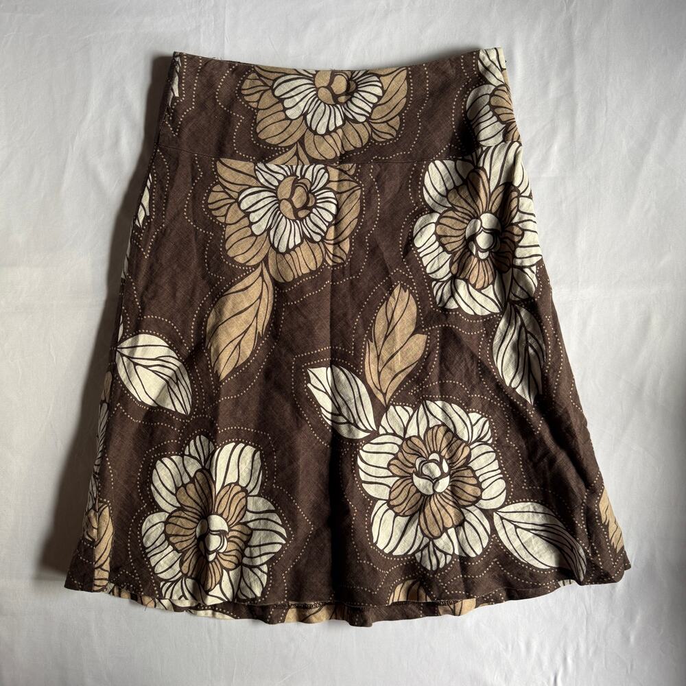 Cottage Boho Brown Linen Floral Midi Skirt Sz 8